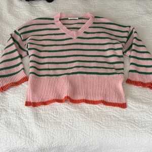 Boutique Striped V-Neck Sweater in Pink and Green